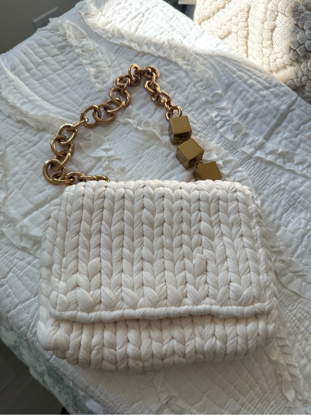 Zara Cream Woven Shoulder Bag with Gold Chain Detail
